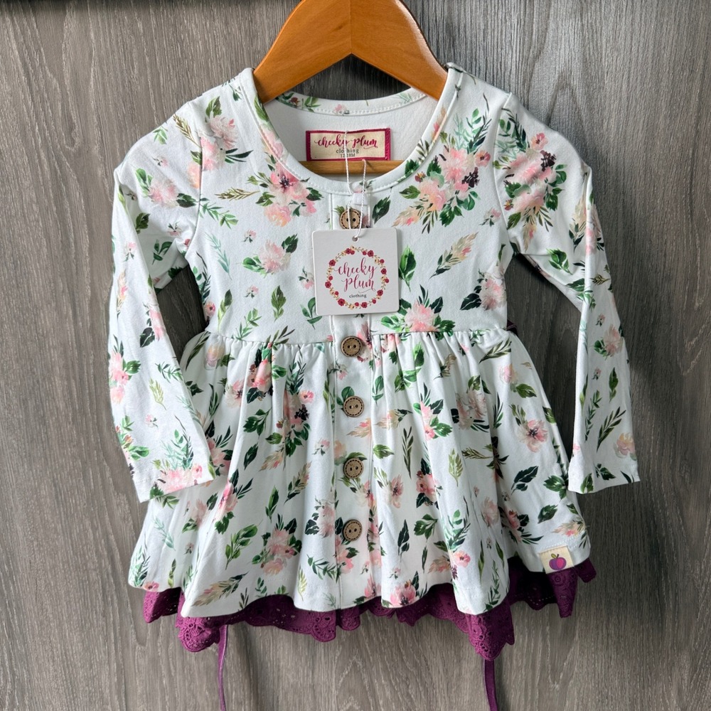 Cheeky Plum Floral Dress 12-18M White Cottagecore Boho Boutique Eyelet Lace NWT